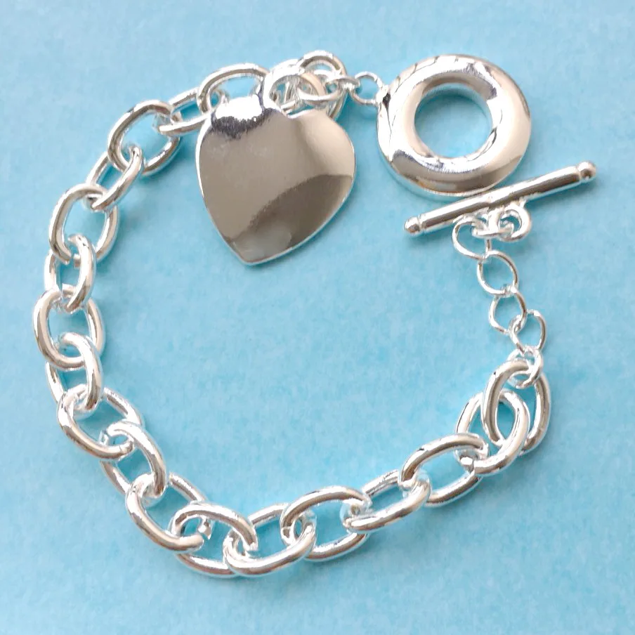 Silver Plated Heart Charm Bracelet, Circle Link Chain Bracelet, Bright
