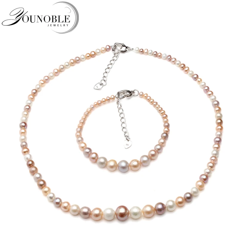 

Wedding round freshwater pearl jewelry set women,multi color pearl set necklace bracelet 925 silver accessory anniversary gift