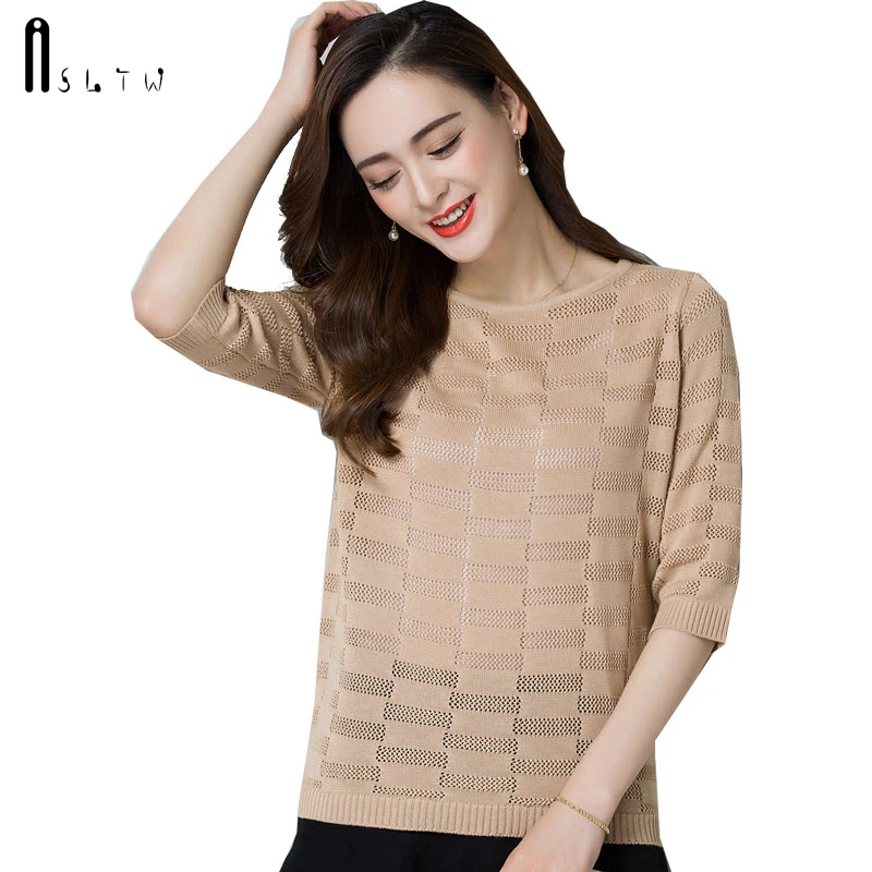 

ASLTW T Shirt Women New Summer Short Sleeve Thin Top Knitted Hollow Tshirt Top Causal Solid Plus Size Female T Shirt