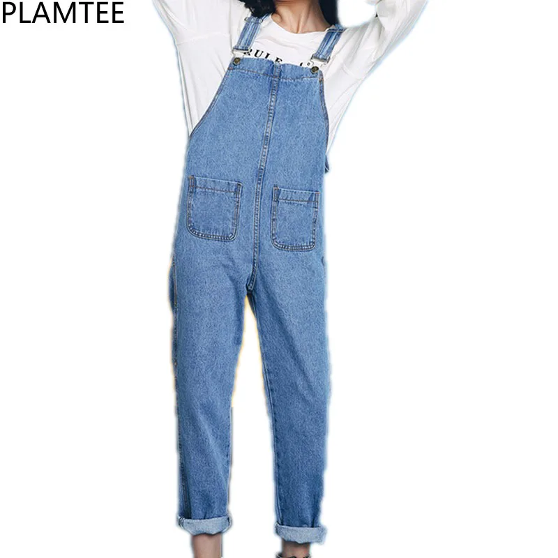 

PLAMTEE Women Denim Overalls Solid Jumpsuits Casual Pockets Sleeveless Rompers Loose Jeans Trousers Autumn Winter 2017 Pantalon