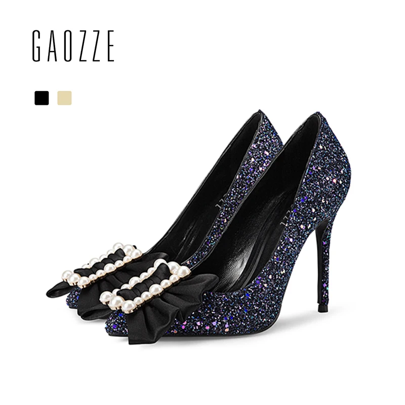 

GAOZZE Fashion String Bead Bow-Knot Pointed Toe Sexy Stiletto High Heels Female Sequins Party Pumps Shoes Women 2018 Spring New