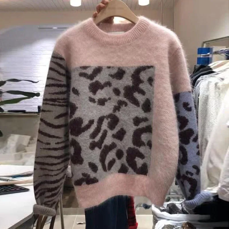 Korean Autumn Leopard Patchwork Women Pink Sweater 2018 New Fashion Casual Long Sleeve Knitted Pullover Winter All Match Top | Женская