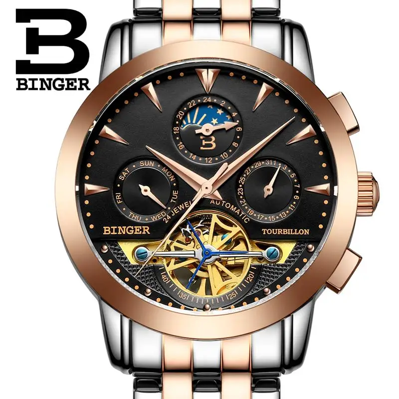 2017 luxury men s font b watch b font BINGER brand Mechanical Wristwatches sapphire full stainless