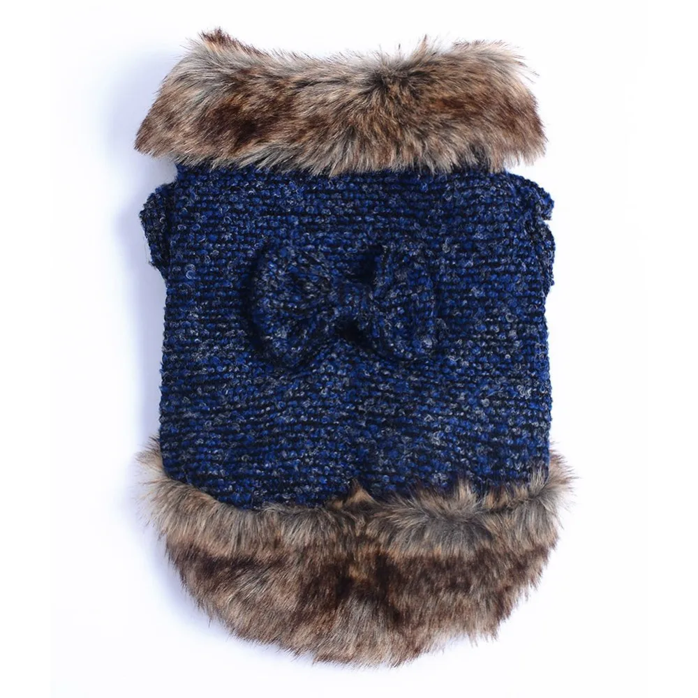

Warm Winter Pet Dog Clothes with Bow Knitted Dogs Warm Coat with Fur Collar and Bottoms Pet Clothing