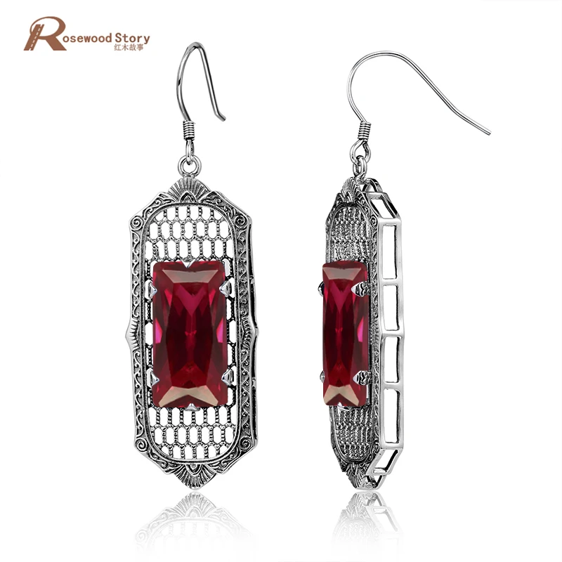 

Luxury Dangles Long Earrings For Women Red CZ Stone Wedding Earrings Soild 925 Sterling Silver Crystal Indian Jewelry Wholesale