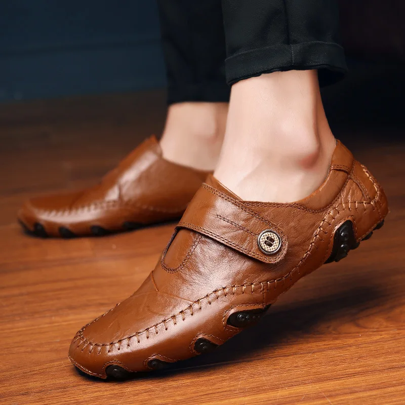 

2019 Spring Leather Casual Large Size Breathable Men's Peas Shoes Solid Color Breathable Non-slip Wear Flat Shoes