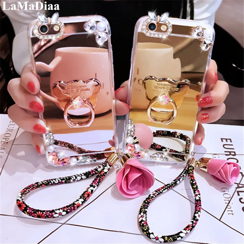 

Luxury Rhinestone Case Cover For Samsung S6 S7 S8 S9 S10 Note 8 9 10 Phone Case Glitter Mirror Girls with Ring Holder Stand Case