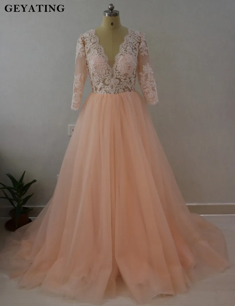 Blush Pink Ball  Gown  Wedding  Dress  Long Sleeve Lace 