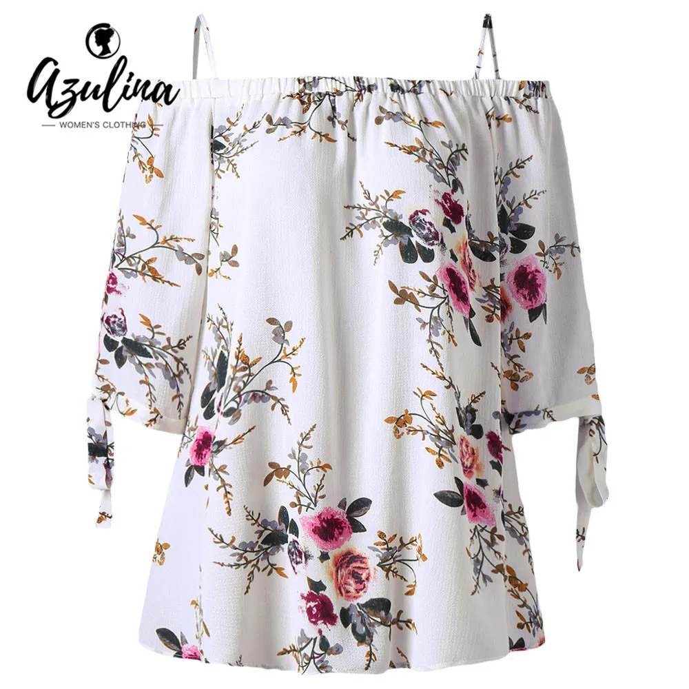 Ceny AZULINA Plus Rozmiar Floral Off The Shoulder Szyfonowa Bluzka Kobiet Topy I Bluzki Jesień Casual Bluzka Kobiety Blusas Duży Rozmiar 5XL