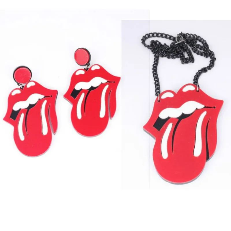 

2018 New Hiphop Night Club Cool Sexy Red Tongue Mouth Pierced Earrings Pendant Necklaces Rock Acrylic Jewelry Sets for Women