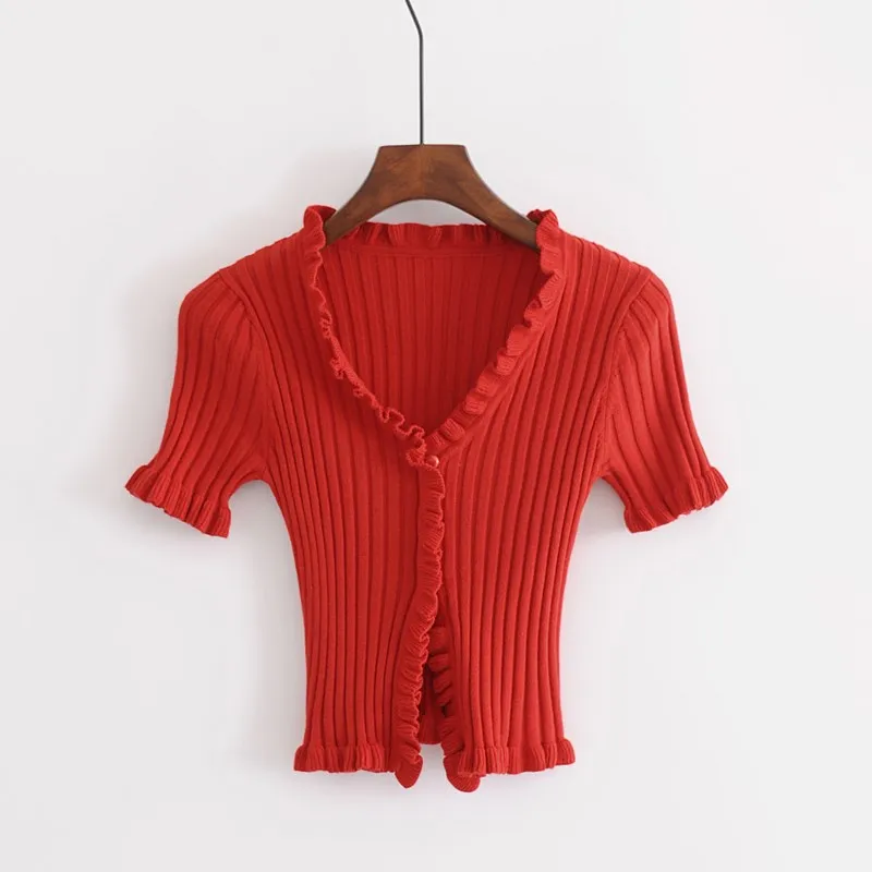 

2019 Fashion Women Ruffles Bodycon T-Shirt Solid Button Knitting Shirts Club Short Sleeve Deep V Neck Sexy Crop Tops