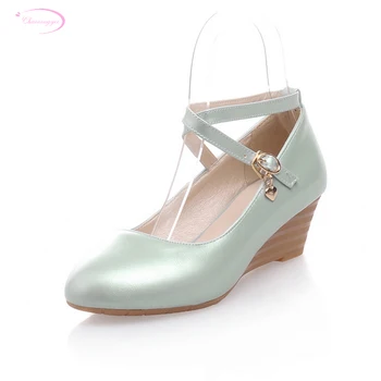 

Chainingyee sweet comfortable cross-tied round toe loafers belt buckle pink silver blue beige med heels women's shoes