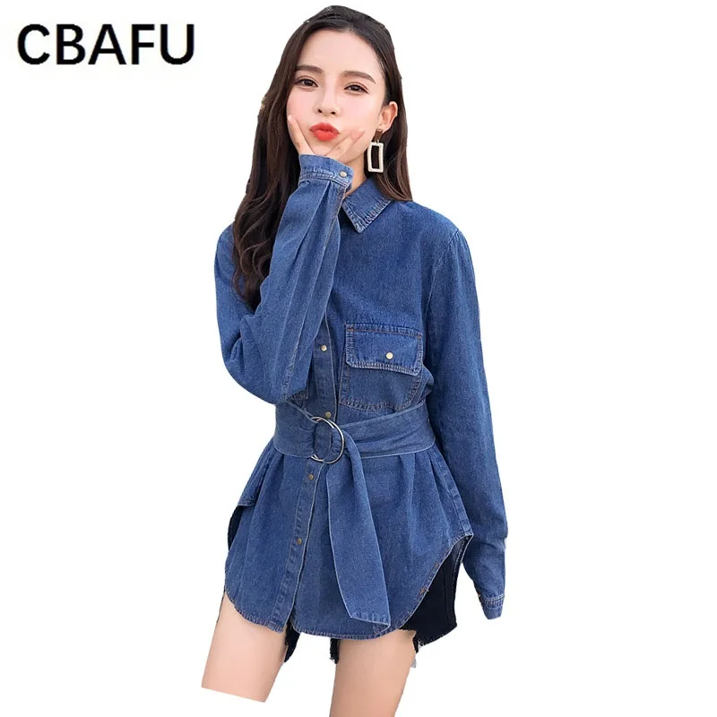 

CBAFU large size plus size long sleeve denim jackets women long coats turn down collar shirt outwear wirh belt clothes N692