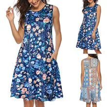 Vestidos, женские платья, весеннее летнее платье, женское летнее платье без рукавов с цветочным принтом и карманами, сарафан, повседневное свободное платье