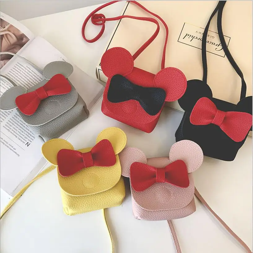 

New Cute Mini Bags Children Bowknot Handbag For Girls Cartoon Mickey PU Leather Shoulder Bag Kids Fashion Messenger Bags