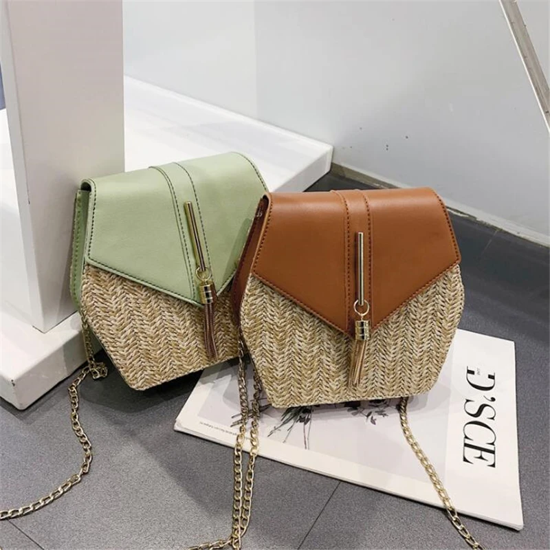 المنسوجة يدويا المرأة سترو حقيبة السيدات صغيرة حقائب كتف بوهيميا الشاطئ Crossbody حقيبة حقيبة الإناث الحلوى اللون رفرف حمل أكياس