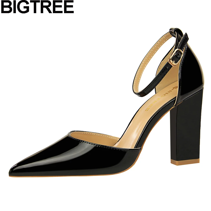 

BIGTREE OL Shoes Women Pointed Toe Pumps High Heel Ankle Strap Thick Square Heels Summer Cut Out Glossy Dress Simple Shoes Woman