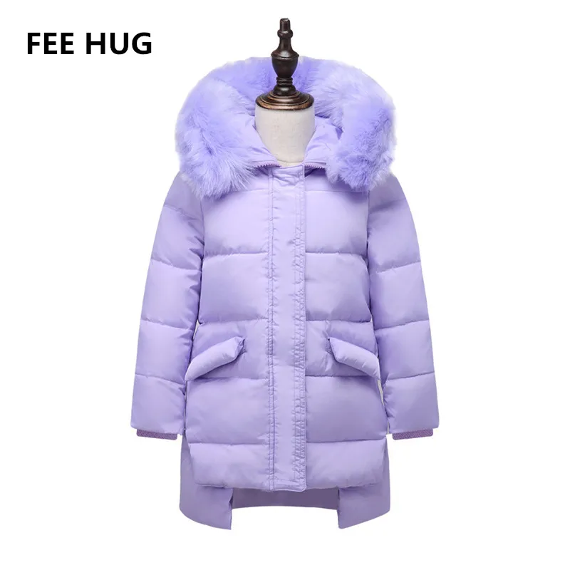 FEE HUG/Детские Длинные куртки для девочек, шляпы из искусственного меха, коллекция года, зимние белые пуховики на утином пуху для девочек, верхняя одежда, теплая плотная одежда для девочек-30