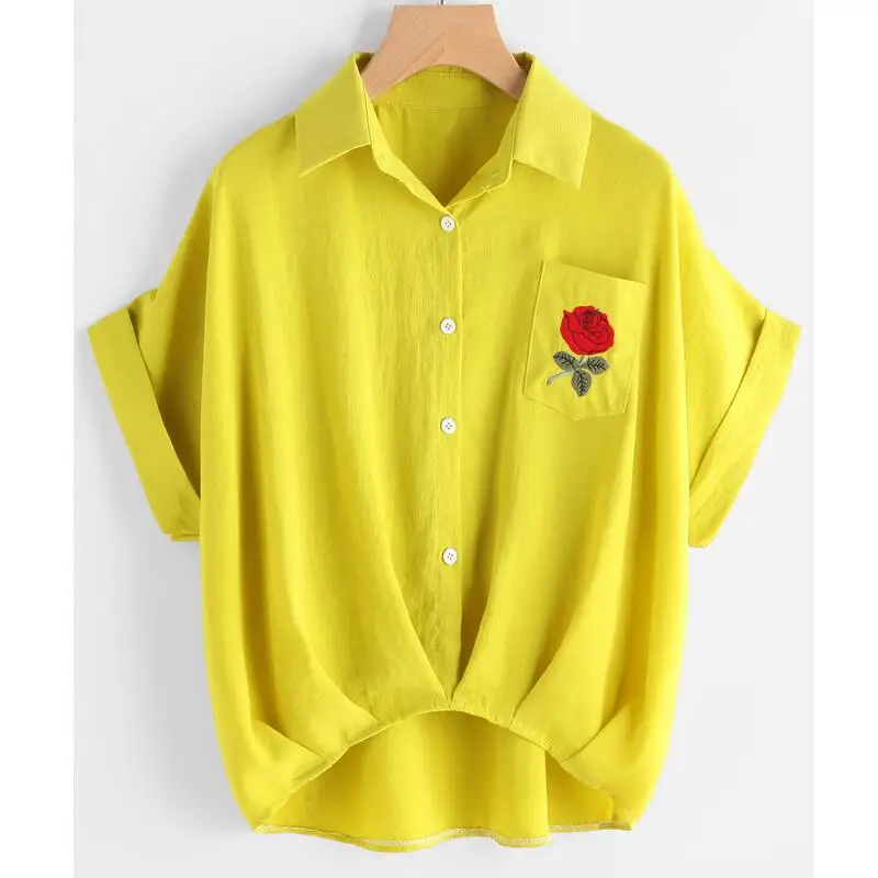 Ceny 2018 Lato Kobiet Bluzka Mody Panie Rose Kwiat Haft Bluzki Z Kr oacute;tkim Rękawem Casual Shirt Blusas Białe Koszule Damskie Topy