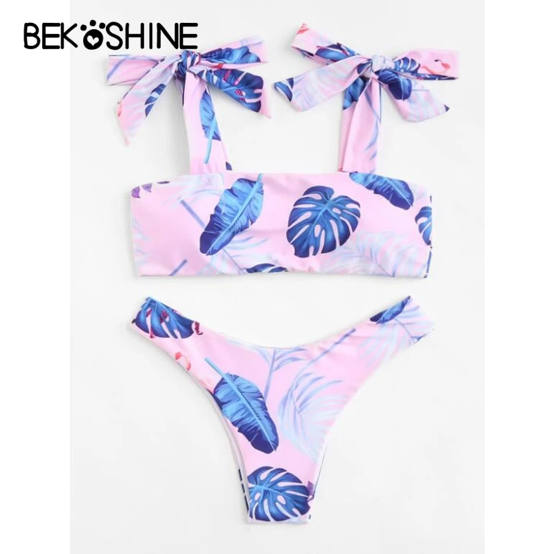 BEKOSHINE Bandage Bikini Set Pink Bathing Suit Pad Swiwmear 2018 New