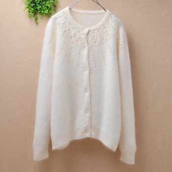 

Elegant femme autumn winter white vintage lace beading angora rabbit fur cardigans loose long sleeves knitted mink sweater coat