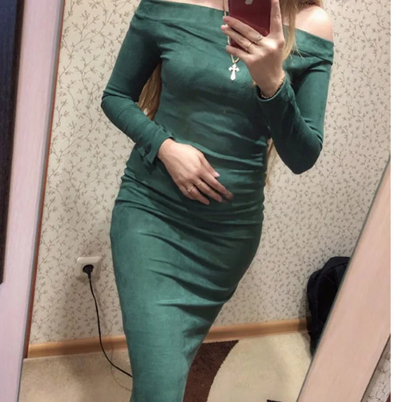 

Women Dress Sexy Off Shoulder Slash Neck Solid Long Sleeve Autumn Winter Dresses Elegant Slim Casual Pencil Bodycon Vestido