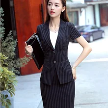 Летнее торжественное черный полосатый Блейзер Для женщин Костюмы с юбкой и куртка Наборы для ухода за кожей дамы Повседневная обувь Офис Единые конструкции OL стили