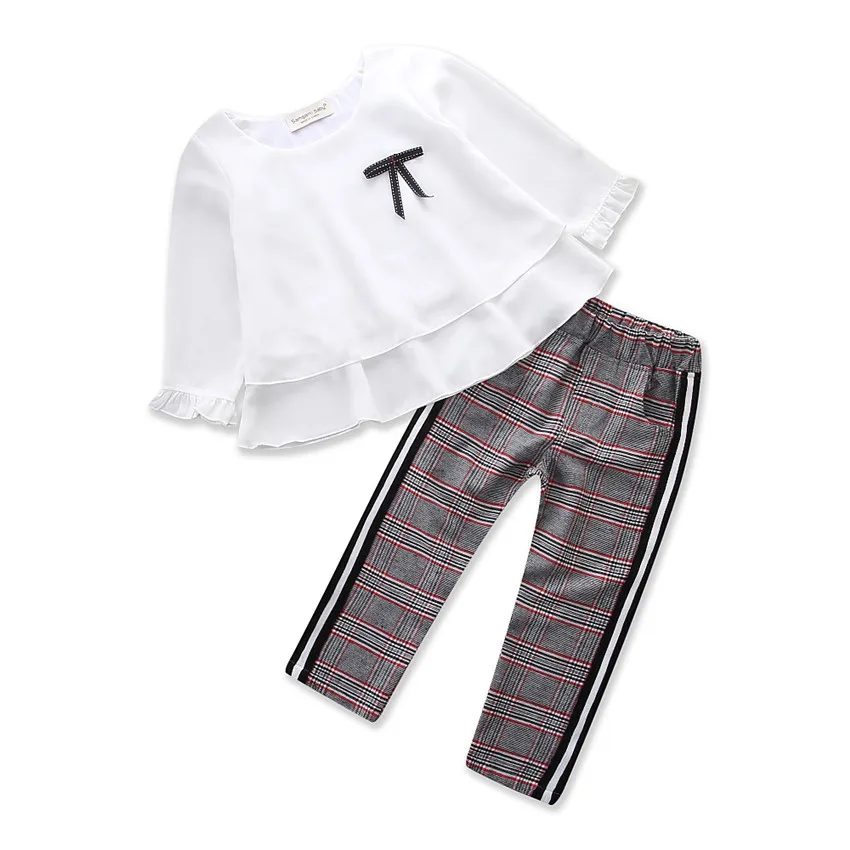 

Girls Clothes Long Sleeve Toddler Girl Clothes Shirt+Plaid Pants Children School Clothing Set Kid Clothes    D20