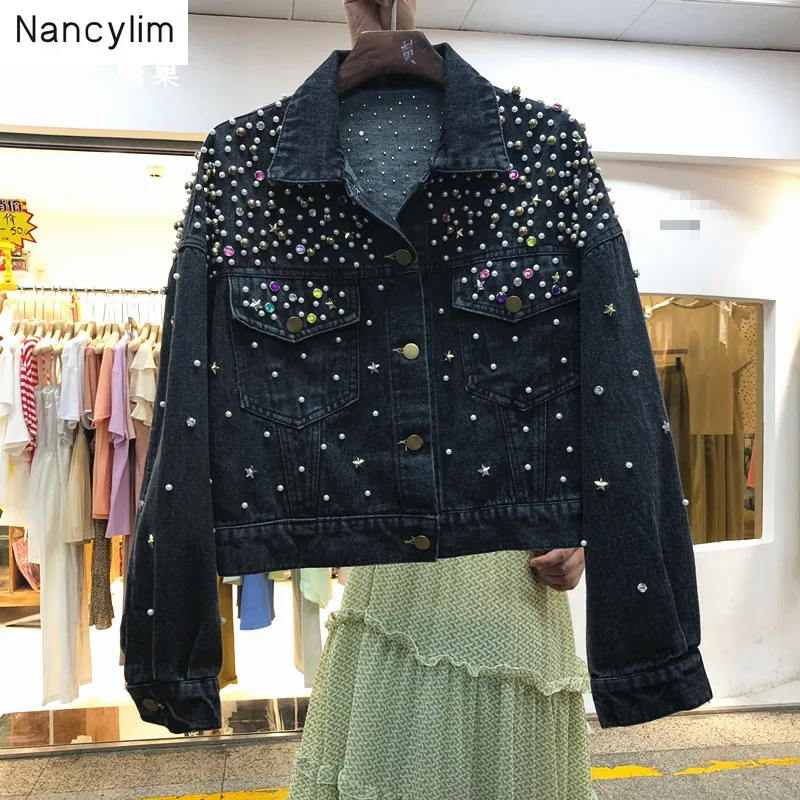 

Short Black Jacket Women Hand-made Whole-body Nail-bead Drill Jeans Coat Autumn 2019 New Korean Style Denim Jackets Student