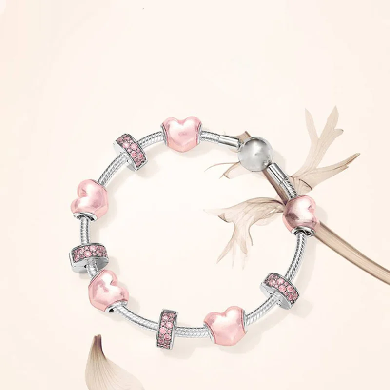 

100% 925 Sterling Silver Glittering Heart Charm Signature Bracelet Set Fit DIY Original Jewelry Glittering love Valentine's