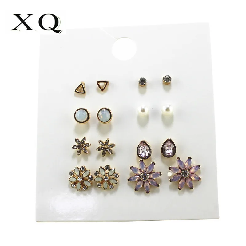 

XQ stud earring set 8 pairs / card white imitation pearl flower triangle drop combination wholesale retro fashion women jewelry