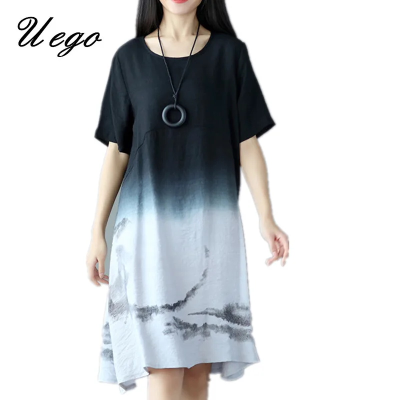 Uego, новое модное летнее платье градиентного цвета, винтажный принт, хлопок, лен, тонкий светильник, мягкое пляжное Повседневное платье, женское платье