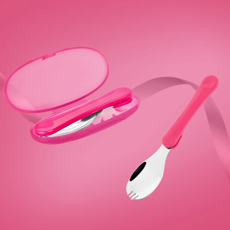 2 in 1 Baby Utensils Stainless Steel Spoons Forks with Travel Case Tableware Child Kids Self Feeding Training New