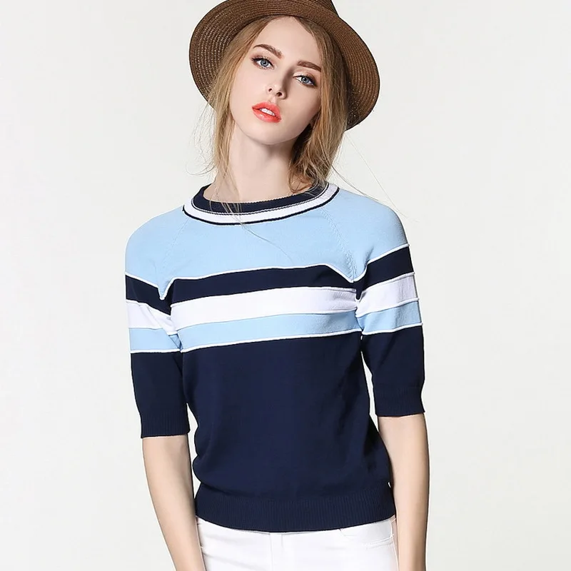Spring Summer Women Casual Half Sleeve Striped Knitted O Neck Pullover Slim Sweater Women Jumper 