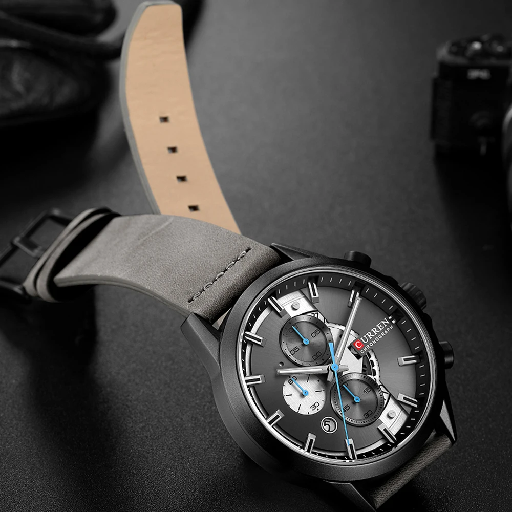 Мужские спортивные часы с хронографом CURREN часы с кожаным ремешком Модные кварцевые наручные часы Бизнес часы с календарем Мужские