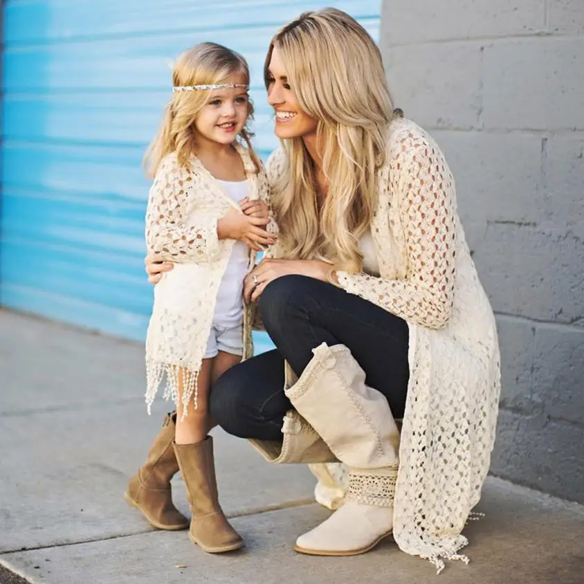 

Mommy and Me Kids Girl Loose Hooded Tassel Tops Cover Up Family Clothes Set solid color simple fashion style photograph July 25