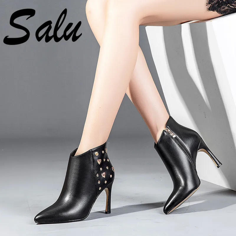 

Salu Fashion Women Ankle Boots Genuine Leather Autumn Winter Warm High Heels Shoes Pointed Toe Elegant Office Lady Shoes Woman