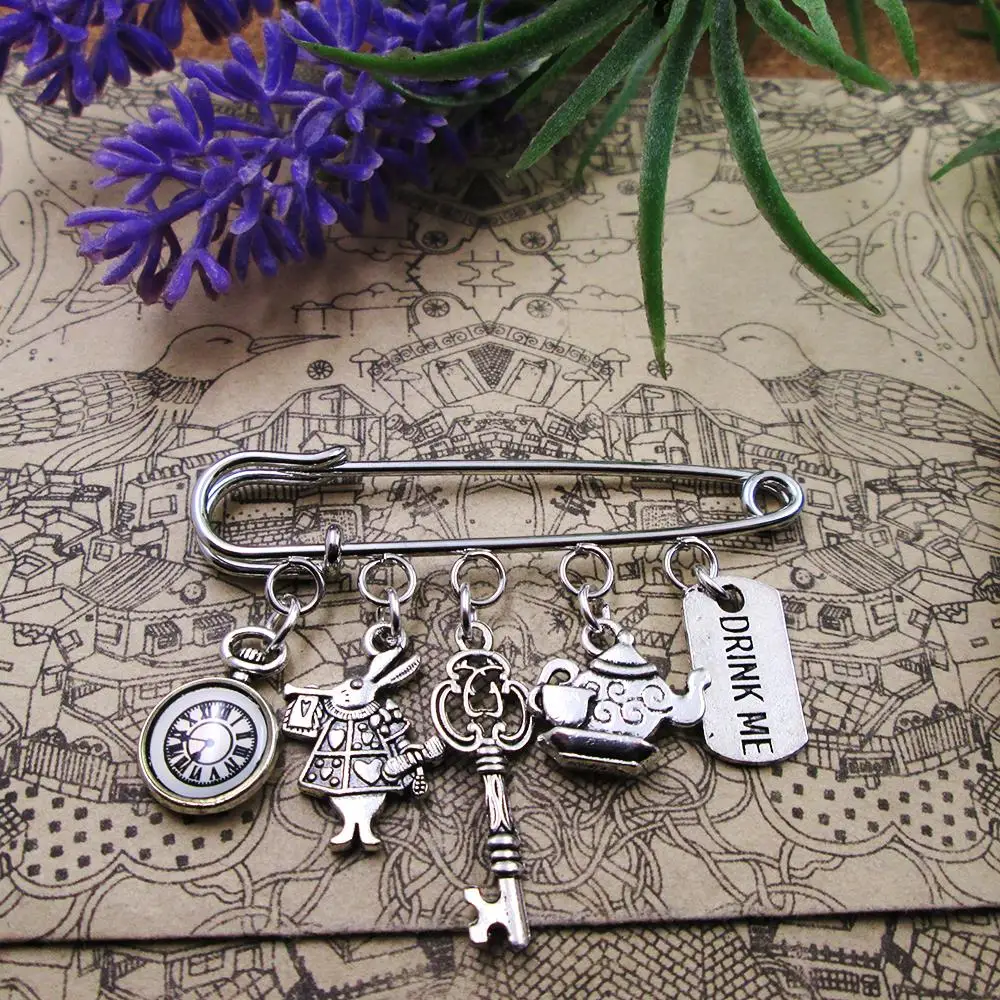 

Alice in Wonderland Brooch clock rabbit teapot drink me key clock brooch