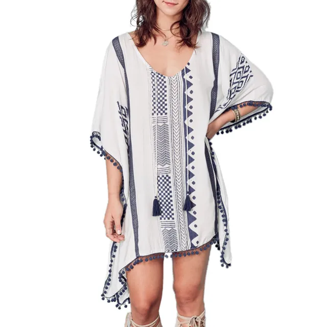 Sun Protection Cardigan Beach Blouse Holiday Wear Beach Coverup Bikini Rayon Printed Floral Small Ball Loose Beach Dress Blouse