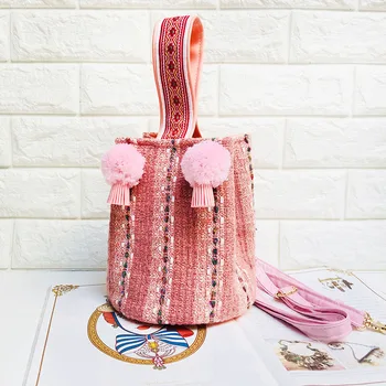 

WOONAM New Lady Women Fashion Pure Handmade Multi-color Tweed Mini Bucket Handbag Wrist Bag WB477