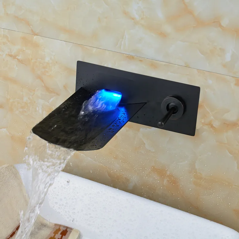 Black Brass Wall Mount Waterfall Type Single Handle Faucet with Color Changing LED Light