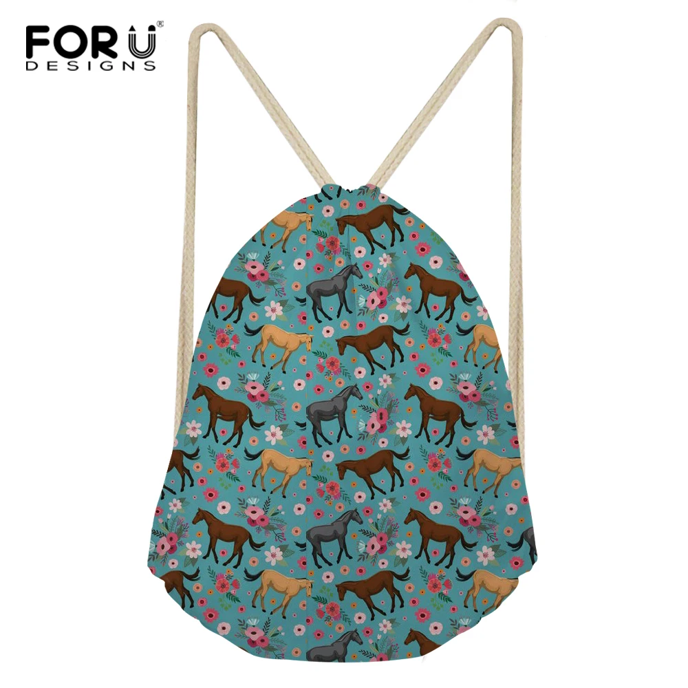 FORUDESIGNS Horse Printing Polyester School Bags Chicken Travel Portable Backpacks Bohemia Drawstring Bag for Women and Students