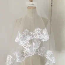 Хит, свадебные аксессуары, короткая свадебная вуаль белого цвета и цвета слоновой кости, однослойная свадебная вуаль с аппликацией, кружевная кромка, дешевая Velos De Novia, без гребня