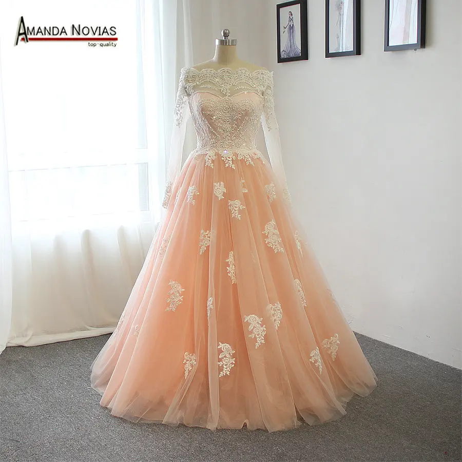 

Full Beading Beautiful Pink Wedding Dress With Ivory Lace