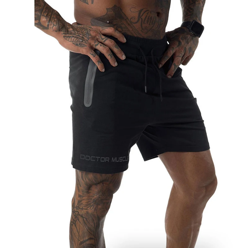 Новые модные мужские шорты на молнии с карманом и принтом, хлопковые спортивные штаны для бодибилдинга, фитнеса, шорты для бега, повседневные спортивные мужские шорты