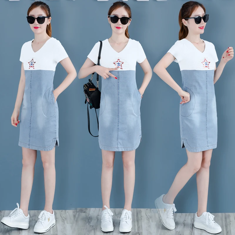 

YICIYA jean dresses women mini t shirt dress summer short woman 2020 vestido jeans patchwork denim blue print pocket clothing