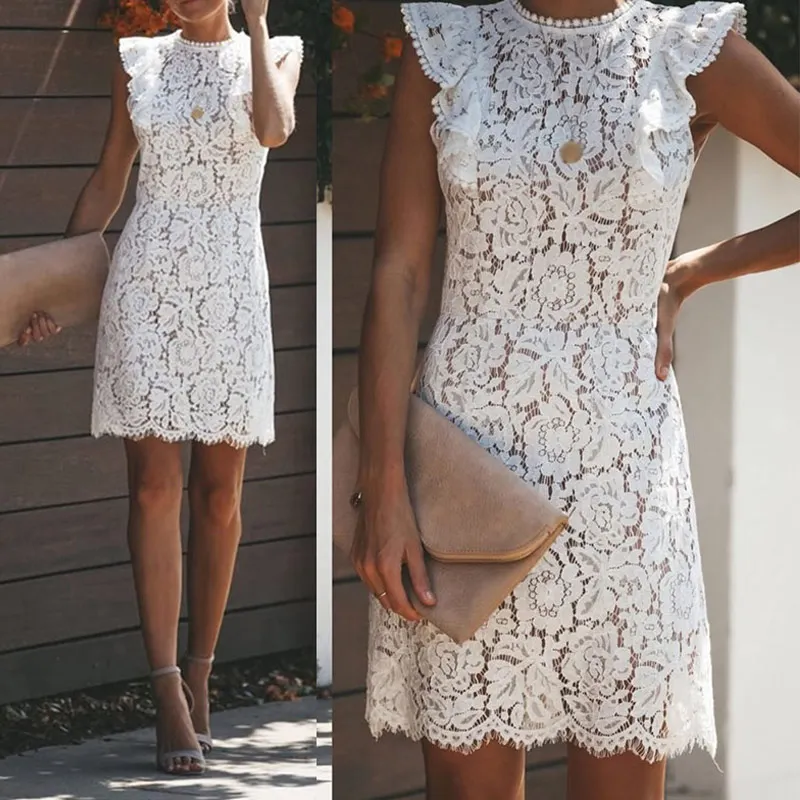 

Lace Sleeveless White Mini Women's Dress Ruffled Fringed Patchwork A-line Dresses Women 2019 Summer Party Office Lady Clothes
