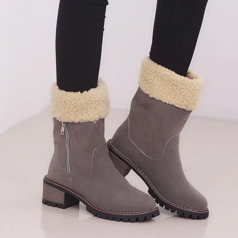 

EOEODOIT 2018 Winter Boots Square Heel Round Toe Cotton Shoes Med Chunky Heel Slip On Anti Skid Snow Pumps Boots Plus Size 43