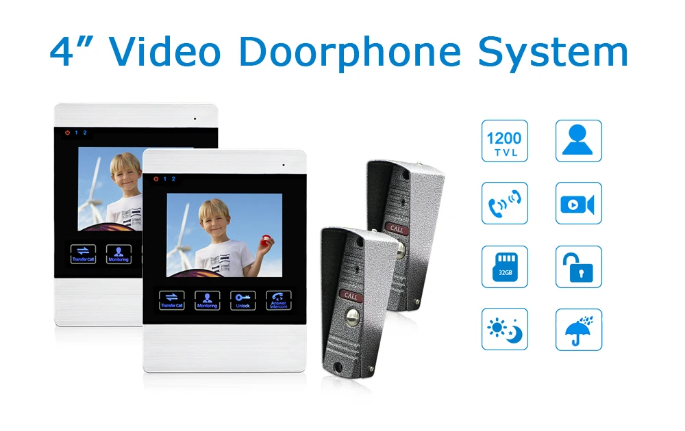 HomeEye 4-Wired 2-2 Система доступа видео дверной телефон видеодомофон сенсорная кнопка дверной Звонок камера 4-дюймовый монитор видео запись OSD