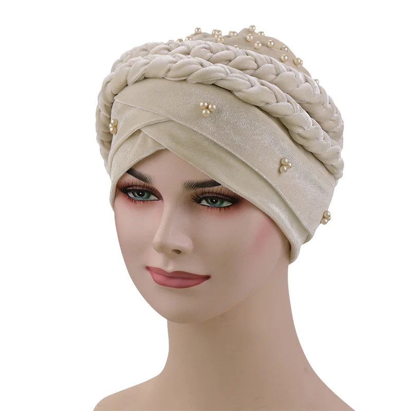 velvet beads head hijab caps turban indian hair bands for women muslim headbands headscarf hats braid Bandanas girls